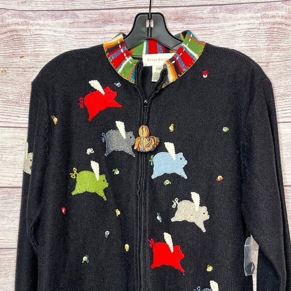 Vintage Susan Bristol Flying Pigs Embroidered Zip Cardigan Jacket Size Small - Picture 10 of 11